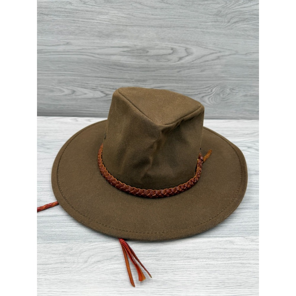 VTG Grizzly 1486 Outback Trading Co Hat Brown Leather Band & Chin Strap Sz Small